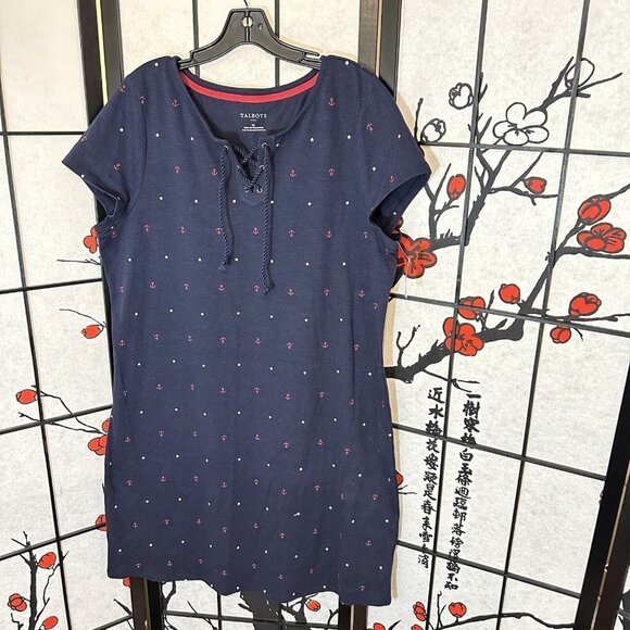 Talbots Nautical Dress Navy Blue Lace up Neck Size XL Shirt Dress Cotton New - Picture 1 of 5
